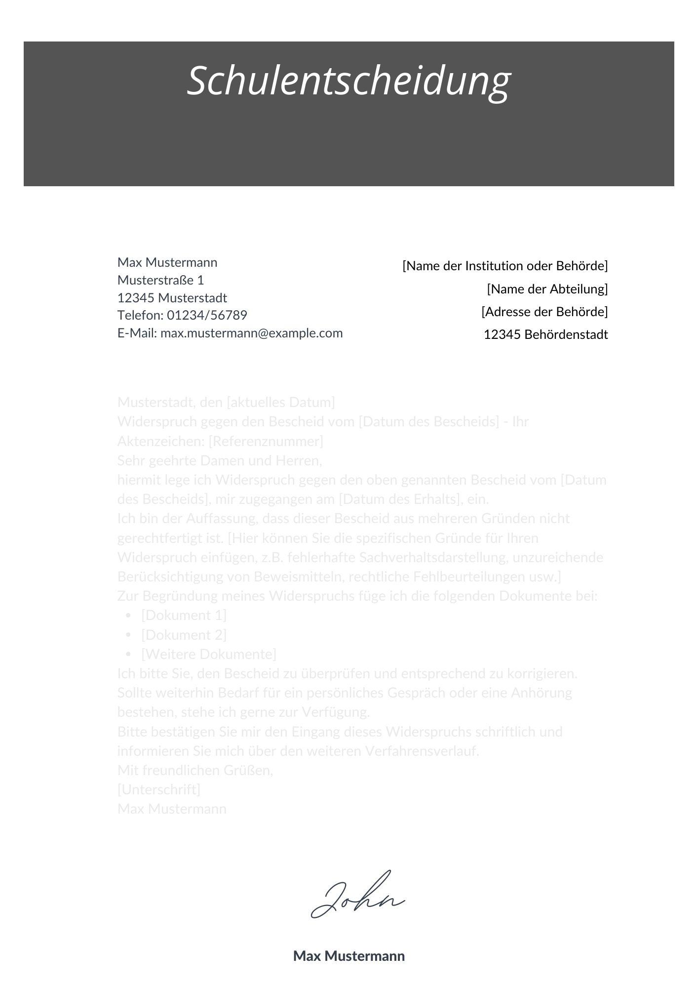 Widerspruch Schulentscheidung
